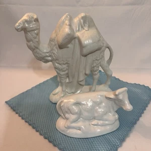 VTG Christmas Nativity 7” Camel & Resting Cow Cream Glazed Ceramic Figures - Picture 1 of 6