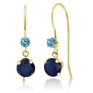 14K Yellow Gold Sapphire and Swiss Blue Topaz French Wire Dangle Hook Earrings - Picture 1 of 2