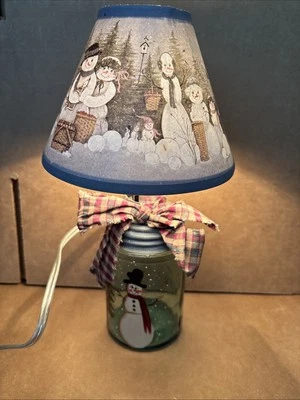 Handpainted Lamp snowman w/Christmas Xmas tree Primitive Ball Mason Jar #N - Image 1 of 4