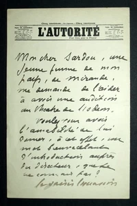 LETTRE AUTOGRAPHE SIGNÉE PAUL DE CASSAGNAC À VICTORIEN SARDOU JOURNAL L’AUTORITÉ - Bild 1 von 3