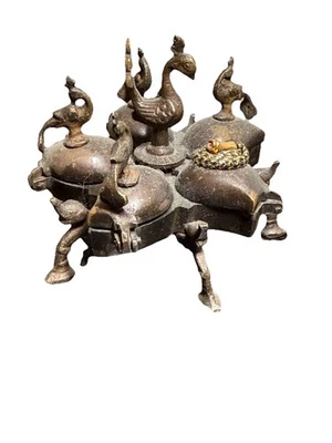 VINTAGE BRASS PEACOCK KUMKUM SPICE INCENSE INKWELL BOX HOLDER READ  - Image 1 of 4