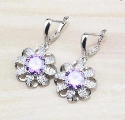 1.30Ct Round Cut Lab Created Amethyst Drop Dangle Earrings 14K White Gold Plated - Image 1 of 3