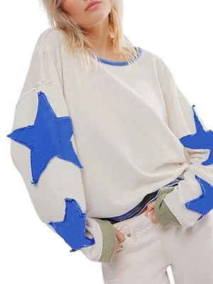Women Oversized Cotton Long Sleeve Shirts Tops Star Crewneck Pullover Y2K3526 - Image 1 of 4