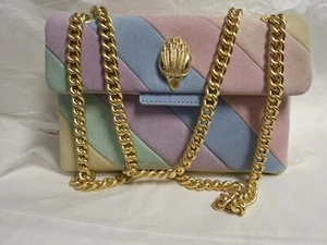 Borsa a tracolla Kurt Geiger scamosciata a righe arcobaleno mini Kensington nuova - Foto 1 di 10