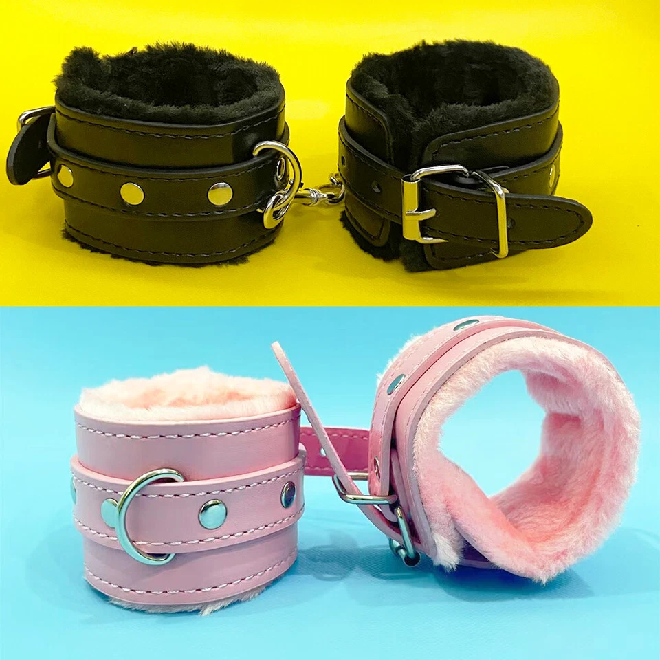 PU Leder Plüsch Handschellen Knöchel Manschette mit Kette Fesseln Rollenspiel - Bild 1 von 4