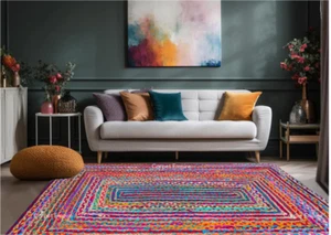 Hand Made Bohemian Braided Jute & Cotton Area Rug in Blue, Purple Multi Chindi - Picture 1 of 7