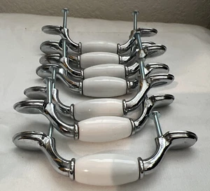 White Ceramic/Silver Metal Cabinet Pull Handles Set Of 7 - Picture 1 of 4
