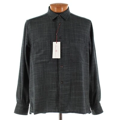 Luciano Barbera NWD Wool / Silk Overshirt Size L In Green & Blue Subtle Plaid - Image 1 of 4