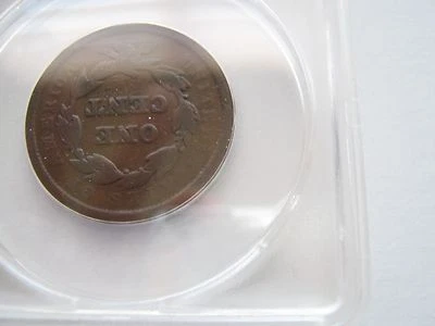 Coronet Large Cent , Modified Portrait , 1841, VG 8 , Damaged , ANACS  Certified - Image 1 of 4