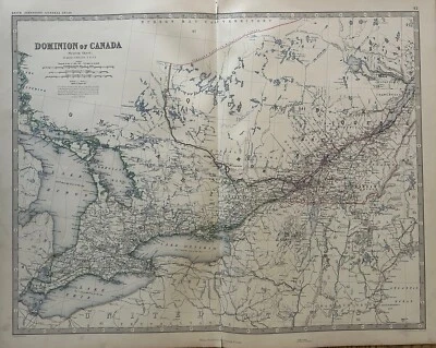 1876 Great Lakes Canada Large Hand Coloured Original Antique Map by Johnston - Image 1 of 3