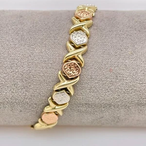 Hollow 9ct 3-Tone Diamond Cut Pattern Fancy Link Bracelet 19.5cm 9.3g Preloved - Picture 1 of 18