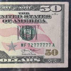 Fifty Dollar Bill Binary Note 7 of Kind Seven 7s Lucky Fancy MF 72777777 Serial - Picture 1 of 11