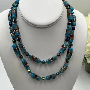 Vintage Blue Cloisonné Glass Bead Faceted Crystal AB Accents Single Necklace - Picture 1 of 11