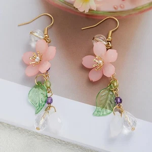 Sweet Romantic Pink Flower Leaves Earrings Women's Long Tassel Drop Earrings _dy - Picture 1 of 8