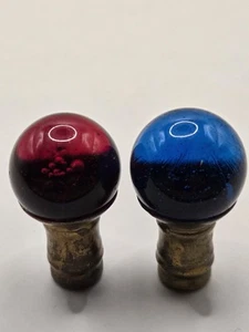 Set of 2 Antique ART DECO Blue & Ruby Red Glass Marble Lamp Finials - Picture 1 of 10