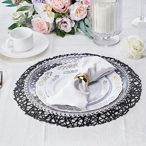 6 BLACK 15" wide Round Vinyl String Placemats Party Wedding Decorations - Picture 1 of 8