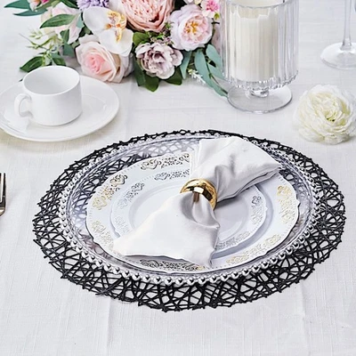 6 BLACK 15" wide Round Vinyl String Placemats Party Wedding Decorations - Image 1 of 4