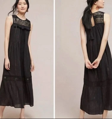 Maxi Vestido Anthropologie Maeve Abilene Talla M Negro Crochet Borla Algodón Lurex Foto 1 de 4