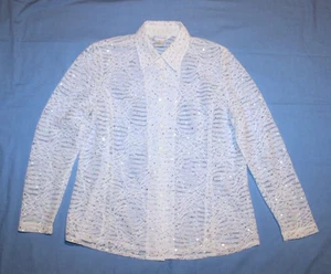 Exclusively Misook Womens Large Sheer White Blouse with Multicolored Dots - Picture 1 of 14