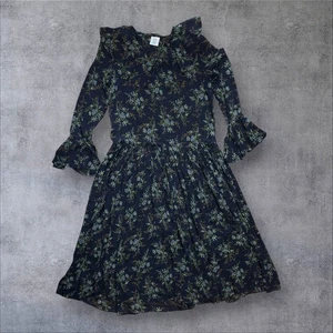Vintage Laura Ashley Navy Floral Midi Dress 12 Ruffle Collar Fluted Sleeve Silk - Picture 1 of 11