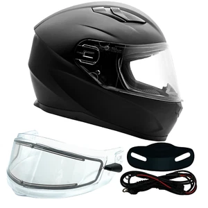 Casco de moto de nieve negro mate cara completa lente doble protector térmico visera trasera - Imagen 1 de 10