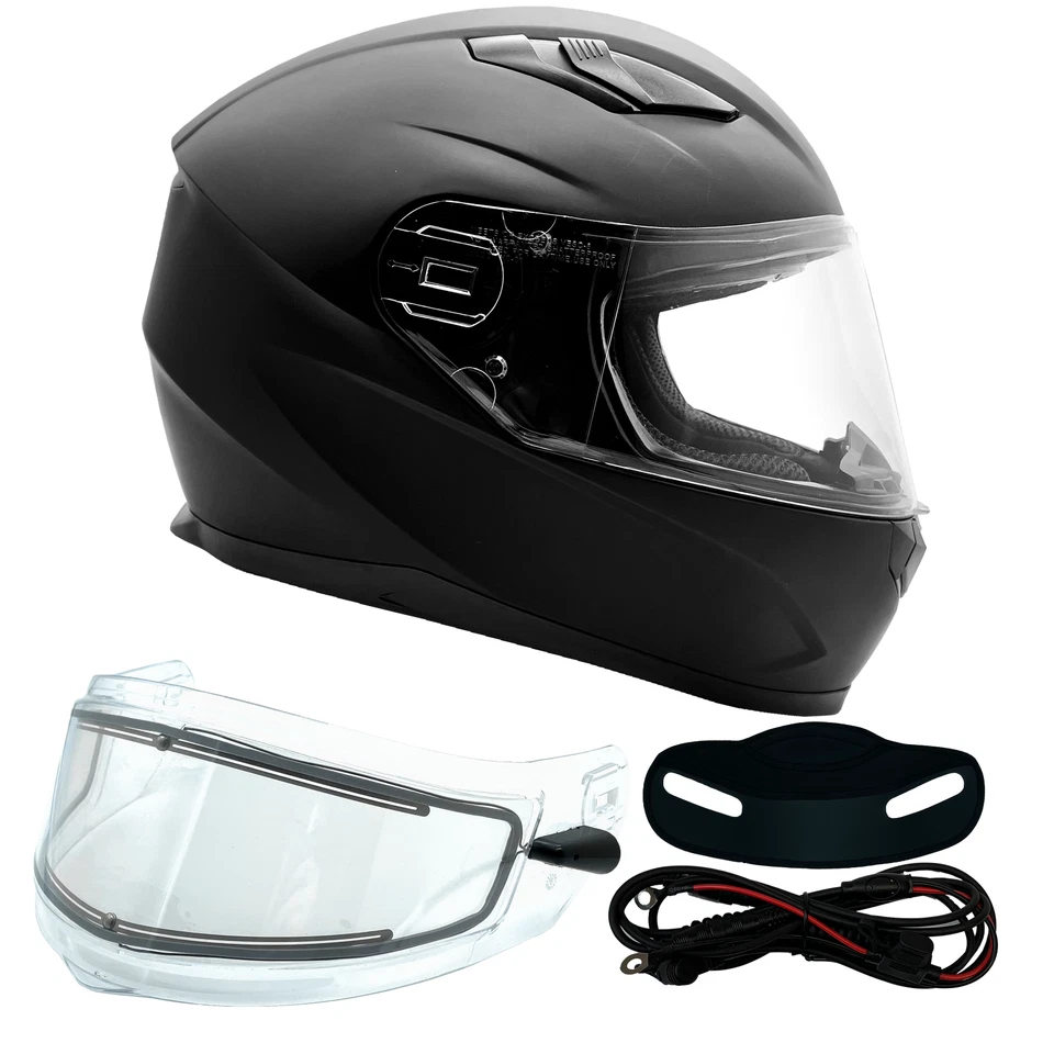 Matte Black Full Face Snowmobile Helmet Dual Lens Heated shield Pull Back Visor - Image 1 of 4