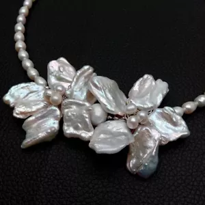 Cultured White Rice Pearl Choker Necklace Handmade Keshi Pearl Flower Necklaces - Picture 1 of 6