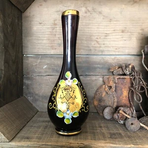 Vintage NASCO Japan Amethyst Glass Vase with Raised Enamel Flowers - Picture 1 of 10