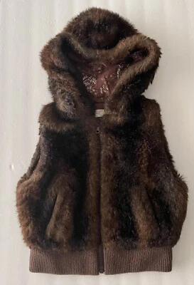 Old Navy Faux Fur Vest Girls S Hooded Brown Pockets Jacket Sleeveless - Image 1 of 4