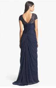 Adrianna Papell Size 10US 42EU Dark Blue Lace Yoke Drape Bodice Long Gown - Picture 1 of 7