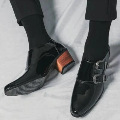 Oxfords masculinos de couro brilhante salto médio cubano casual formal fivela sapatos sociais clube - Imagem 1 de 4