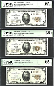 3 CONSECUTIVE SERIAL NUMBERED 1929 $20 FRBN FR# 1870 ALL PMG GEM UNC 65 EPQ - Picture 1 of 7