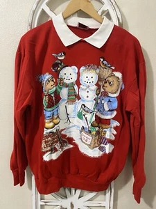 Vtg Grannycore Christmas Teddybear Sweatshirt Nutcracker Brand Sz L Collared - Picture 1 of 5