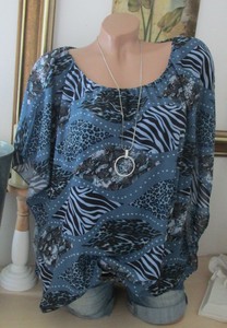 Chiffon Bluse 2 Lagig Fledermausärmel Animal Blau-Schwarz Bund Oversize 42 44 46