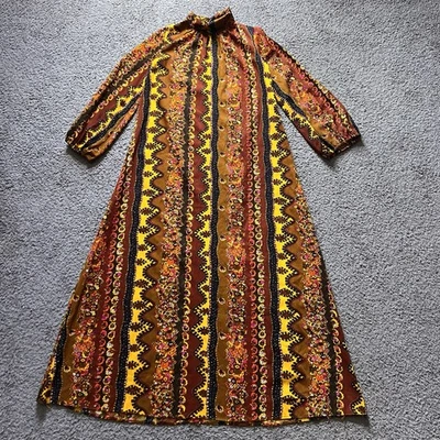 Vintage 60s 70s Maxi Dress Brown Paisley Balloon Sleeve Cowl Psychedelic Hippy - Image 1 of 4