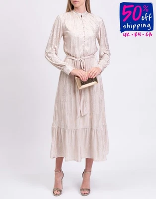 RRP €605 MELISSA ODABASH Flared Dress Size S Ivory Striped Lined Flared Belted - Image 1 of 4