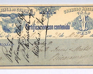 COLOMBIA *1 Peso* CUBIERTA Insured Letter Stamp Stationery (1890) Used WX380 - Picture 1 of 11