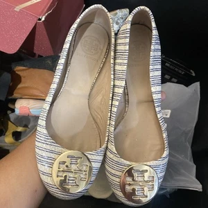 Tory Burch Reva Ballet Flats Piano Stripe White Blue Snake Leather 71/2M size - Picture 1 of 12