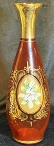 VTG Moser Bohemia Glass Red Bud Vase With Gold Overlay 9.25” Floral Handpainted - Picture 1 of 3