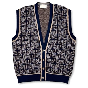 Vintage 80s Pendleton Wool Vest Men’s Size L Dark Academia Navy Geometric Knit - Picture 1 of 8