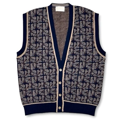 Vintage 80s Pendleton Wool Vest Men’s Size L Dark Academia Navy Geometric Knit - Image 1 of 4