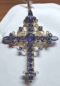 ORO GIALLO 10 CARATI * CIONDOLO CROCE TANZANITE * VINTAGE * DIAMANTE * GRANDE * - Foto 1 di 7