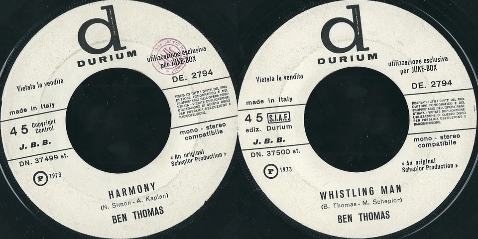 Record 45 RPM ben Thomas ‎– Harmony Whistling Man - Image 1 of 1