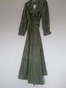 Tall Uk 14 Green 100% Cotton Maxi Flowers Puff Sleeve Summer Eur 42 - Picture 1 of 12
