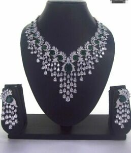 Bollywood Style Silver Plated CZ Green Fine Emerald Choker Necklace Jewelry Set