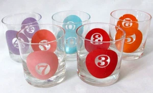 Pool Themed Vintage MCM Billiard Cue Ball Barware Cocktail Glasses Set of 5 - Picture 1 of 3