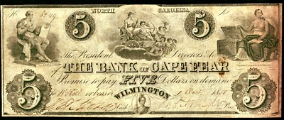 Oct 1, 1855 Cape Fear Bank Wilmington North Carolina $5 Obsolete Banknote #6249 - Image 1 of 2