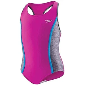 Speedo Girls Pink & Gray One-Piece Swimsuit Size 5 With Blue Trim - Picture 1 of 4