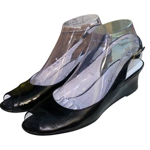 Bruno Magli Size 7.5AA Black Patent Leather Wedge Heel Slingback Peep Toe Sandal - Picture 1 of 7