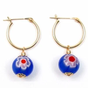 10 mm Blau Venezianisches Glas Perlen Reifen Ohrringe 14K Gold oder 925 Sterlingsilber - Bild 1 von 1